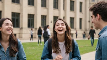 En gruppe studenter samlet sammen, ler og prater, med en universitetsbygning i bakgrunnen.