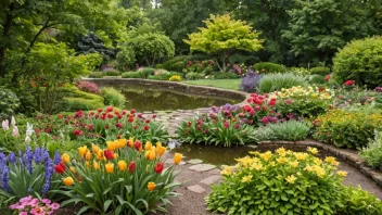 En vakker hage med en rekke blomster, inkludert roser, tusenfryd og solsikker.