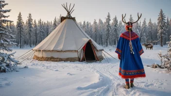 En tradisjonell samisk drakt og en lavvu i et vinterlandskap.