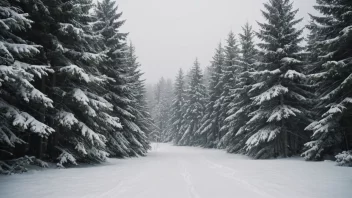 En vinterskog med snødekte bartrær og minimal vegetasjon