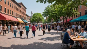 Et levende offentlig torg fylt med mennesker, butikker og samfunnssentre.