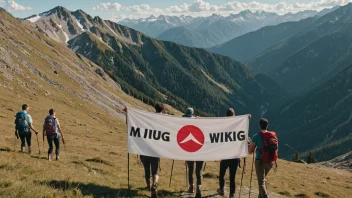 En gruppe mennesker som går på tur i fjellet, med et banner eller flagg med logoen til en utendørsorganisasjon.