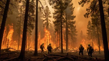 En skogbrannstorm med flammer og røyk som omgir skogen