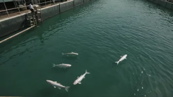 En fiskepleie med fisk som svømmer i vannet og en person som mater dem.