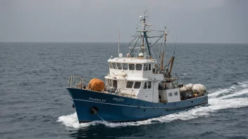 En trålbåt som seiler gjennom havet, med måker som flyr over.