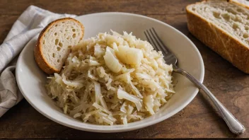 En deilig bolle sauerkraut med en gaffel og en skive brød ved siden av