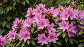 En rododendronbusk med rosa blomster i en hage