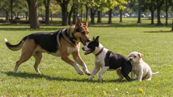 En glad hundefamilie som leker sammen i en park.