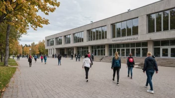 Et foto av en skolebygning med en skilt som leser 'Eksemplarskole' på norsk.