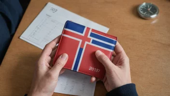 En person holder en lommebok med et norsk flagg i bakgrunnen, med en kalender og et ur i nærheten.