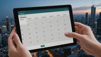 En person som holder en digital kalender eller tidsplan, med en by eller hendelsesbakgrunn.