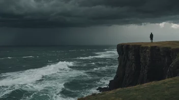 En person som står alene på en klippe, med en stormfull sjø i bakgrunnen.