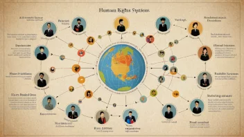 En illustrasjon av et menneskerettighetssystem, med en sentral hub som representerer de grunnleggende prinsippene for menneskerettighetene, omgitt av ulike komponenter som lover, institusjoner og mekanismer, alle koblet sammen og arbeider sammen for å beskytte menneskerettighetene.
