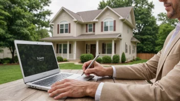 En eiendomsmegler som sitter ved et skrivebord med en laptop og skriver en salgsbeskrivelse av et hus.