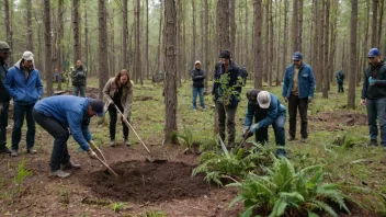 En gruppe mennesker planter trær i en skog.