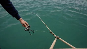 En person som fisker med en anker i vannet, med et vakkert landskap i bakgrunnen.