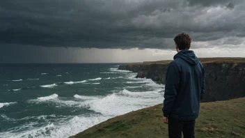 En person som står på kanten av et stup, ser bekymret og usikker ut, med en stormfull sjø i bakgrunnen.