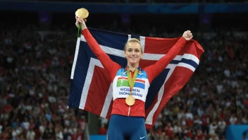 En person i sportsutstyr som holder et norsk flagg og står på et podium med en gullmedalje rundt halsen.