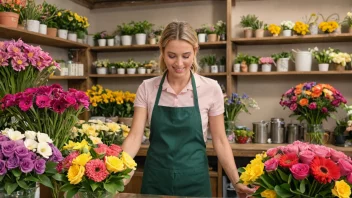 En person omgitt av blomster, som nøye velger og arrangerer dem til en vakker bukett