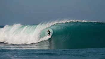 En person som surfer på en stor bølge i havet, med en solfylt himmel og en strand i bakgrunnen