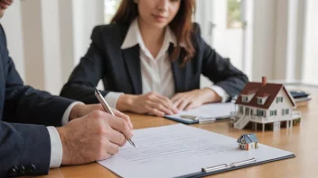 En person som signerer en kontrakt for å kjøpe et hus.