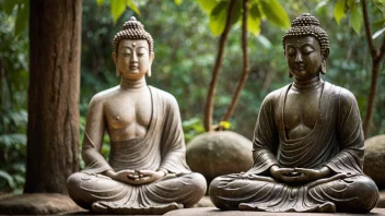 En person som mediterer i en fredelig omgivelse, med en buddhistisk statue eller symbol i bakgrunnen.