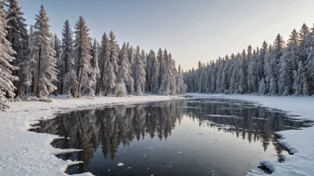 Et vakkert vinterlandskap med en frossen innsjø og snødekte trær.