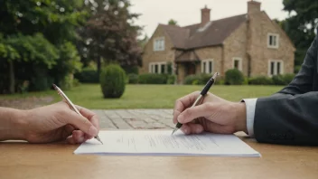 En person som signerer en kontrakt, med et hus eller annen eiendom i bakgrunnen, som illustrerer en skjenkeavtale.