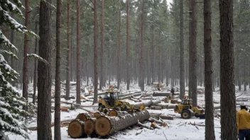 En vinterhogstscene med mennesker som arbeider i bakgrunnen.