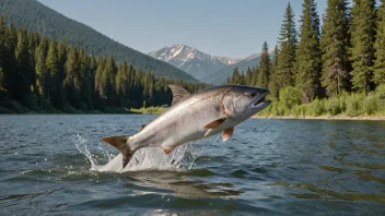 En viltfisk som hopper ut av vannet i en vakker naturlig setting.