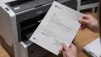 En person som holder et utskrevet dokument fra en laserprinter, med en laserprinter i bakgrunnen