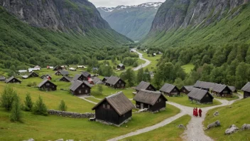 En fredelig dal i Norge med tradisjonelle hus og mennesker i tradisjonelle klær