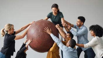 Et team mennesker som samarbeider og løfter et stort objekt, symboliserer teamwork og samarbeid.