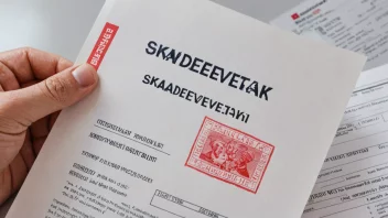 En person som holder et dokument med en rød stempel som sier 'skadevedtak' på norsk.