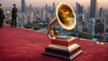 En gyllen grammofontrofé på en rød løper med en bysilhuett i bakgrunnen, som symboliserer Grammy-prisen