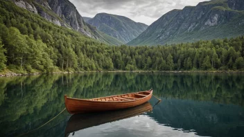 En liten, åpen robåt med trehull og et par årer, som flyter på en rolig innsjø i et pittoreskt norsk landskap.