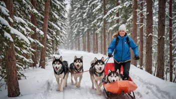 En person som musher gjennom en snødekt skog med glade hunder som drar sleden.