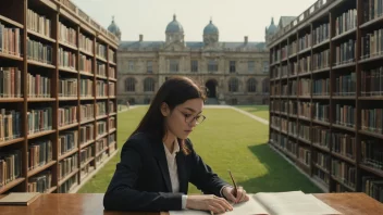 En person som studerer historiebøker i et bibliotek med et universitetscampus i bakgrunnen