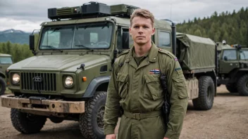 En norsk militæroffiser i uniform, stående foran et militært kjøretøy.