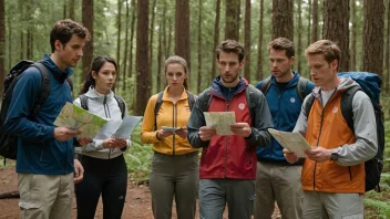 En gruppe orienteringsløpere i en skog, forbereder seg til en konkurranse.