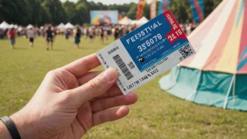 En person som holder en festivalbillett med en rabattsticker på, med en festivalbakgrunn.