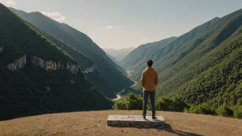 En person som står foran en milepæl med et landskap av fjell og daler i bakgrunnen.