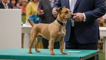 En hund som står på et bord under en hundeutstilling, med en dommer som undersøker den.