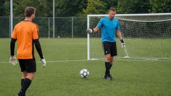 En målvaktstrener i en gul vest, trener en målvakt i en grønn drakt, på en fotballbane med et mål i bakgrunnen.