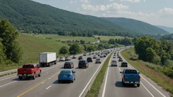 En travel motorvei med mange biler og lastebiler, med et naturskjønt landskap i bakgrunnen.