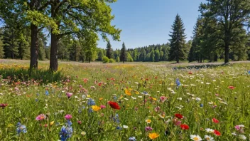 En vakker blomsterlund med en blanding av fargerike blomster, trær og en klar blå himmel.