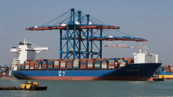 Et containerfartøy fortøyd ved en havn, med last som blir losset og transportert til et nærliggende lager.