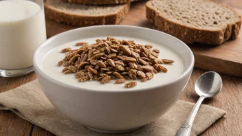 En skål med rugkorn og melk og en skje, med noen skiver rugbrød i bakgrunnen.