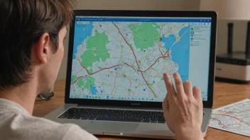 En person som sjekker en adresse på en dataskjerm med et kart i bakgrunnen