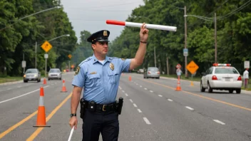 En politibetjent holder en signalstokk og dirigerer trafikken.